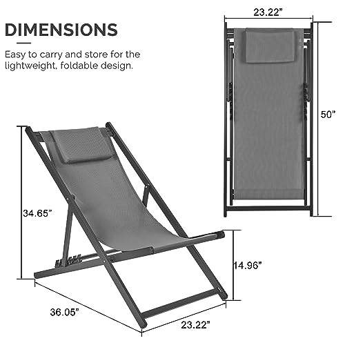 Purple Leaf Patio Sling Chairs Outdoor Portable Folding Adjustable Beach Chairs Polyester Fabric Aluminum Chair Set Of 2 With Cushioned Headrest, Grey #TOP1