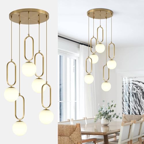 Image of Globe Pendant Lighting Modern Kitchen Island Lighting Gold Brushed Brass Hanging Light with Glass Shade, Adjustable Mini Ceiling Pendant Lamp for Bedroom Living Room Dining Room (D5006-5)