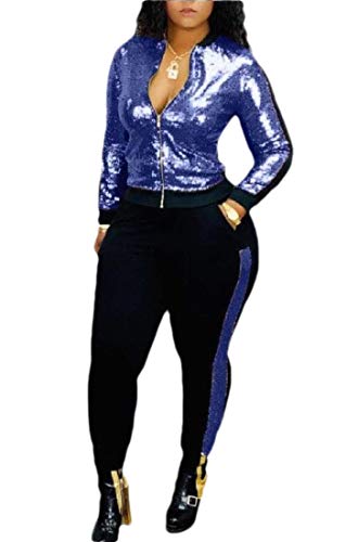 Women's 2 Piece Night Clubwear Outfits Long Sleeve Top Metallic Shiny Pants Glitter Clubwear Sets Blue S