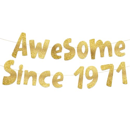 Pre-Strung Awesome Since 1971 Gold Glitter Banner - Funny 55th Birthday and Anniversary Decorations for Men and Women - Party Supplies and Gifts