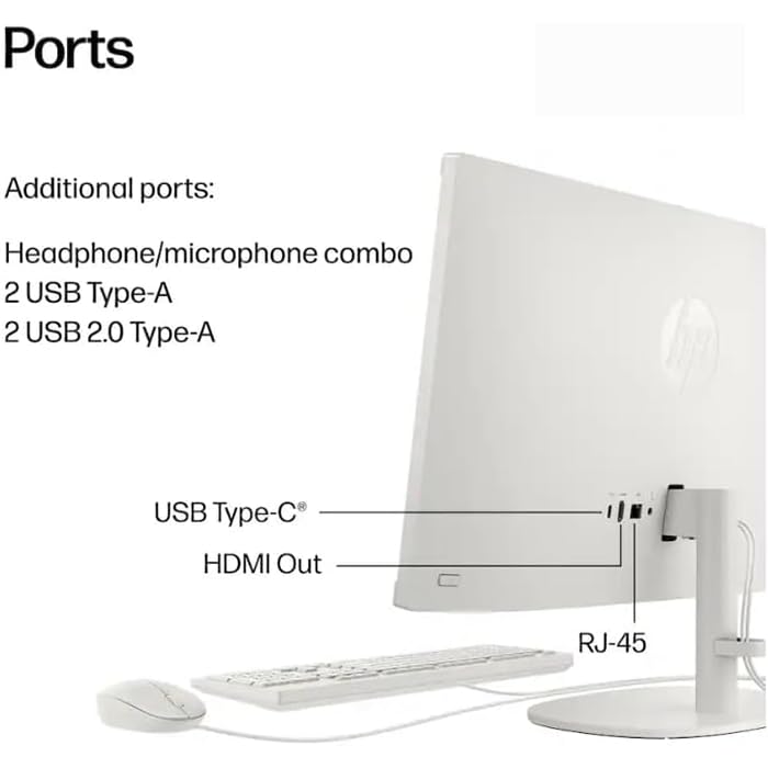 Image of HP 22 inch All-in-One Desktop Computer, 32GB DDR5 RAM, 128GB UFS Storage,13th Gen Intel Quad-Core CPU, FHD VA Display, WiFi 6, Bluetooth 5.3, RJ45, USB-C (10Gbps), UHD Graphics, 720p Cam, Cashmere White