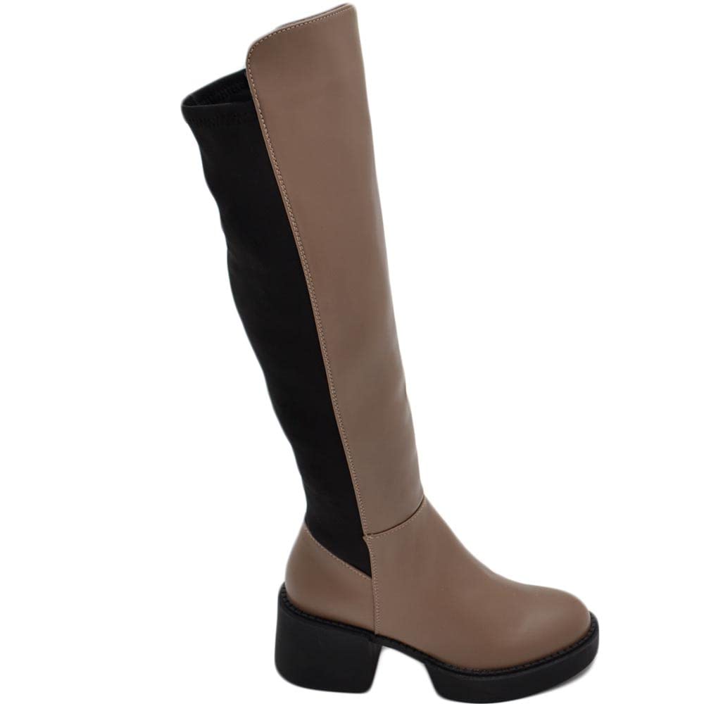 Stivali Donna Alto Punta Tonda Beige Gambale Aderente Elasticizzato Alto sopra al Ginocchio Tacco 4 Plateau Zip Curvy