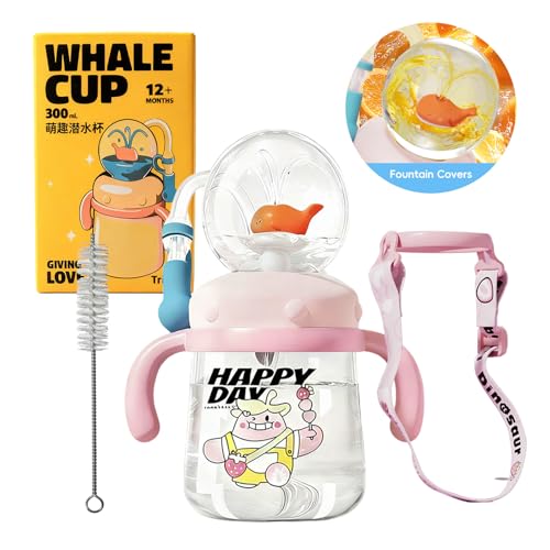 RUNSUNTUN Comobebe Whale Fountain Cup for Kids Toddlers: 10oz/300ml Spill Proof Toddler Sippy Straw Cup with Handle & Strap BPA-Free forsippy cups for toddlers 1-3 Kids Water Bottle (Pink)