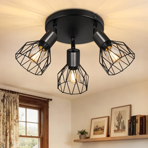 TaFiCo Lampara Foco Techo LED 3 Focos E14 - Focos Para el Techo Salón Redondo Negro - Foco de Techo LED Cocina Moderno Orientable Dormitorio Lámpara de Techo - Sin Bombilla
