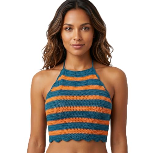Blusa tejida a mano en puro algodón top premium halter de crochet
