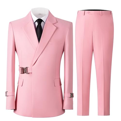 JinXuanYa Mens Suit 2 Pieces Slim Fit Suit with Metal Buckles,Business Formal Prom Tuxedos for Wedding(Blazer + Pants)2