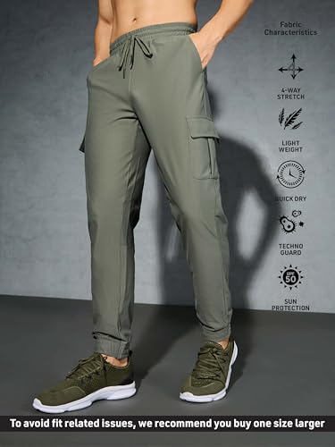 Image of TECHNOSPORT Men's Solid Slim Fit Sports Cargo Joggers DURACOOL+ Quick Dry Breathable Moisture Wicking Stretch Gym Track Pants Running Training Fitness Activewear