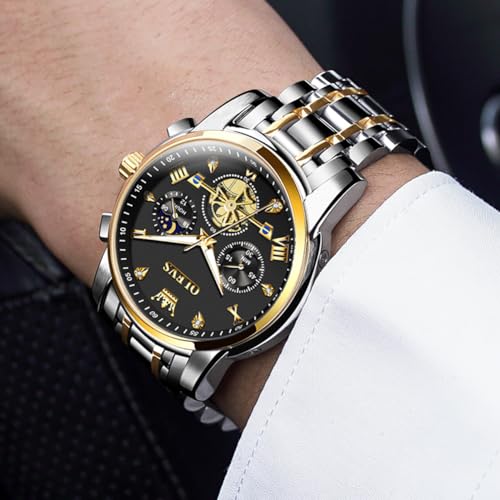 Image of OLEVS Watch for Men Stainless Steel Chronograph Big Face Easy to Read Analog Quartz Watches Luxury Waterproof Date Diamond Roman Arabic Numerals Dial Dress Wrist Watches, 2856:Two Tone&Gold Black,