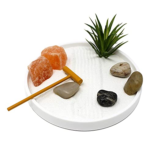 Nature's Mark Mini Zen Garden Kit for Desk with White Sand, Rake, White Base, Salt Rock and Air...