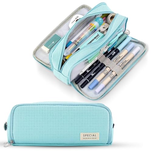 Image of Canvas School Bag Pencil Case, 3 Layer 6 Compartment Large Capacity, Aesthetic Pencil Pouch for Stationary, Cute Stationery for Kids, Pencil Case for Girls & Boys (Special Sky Blue)