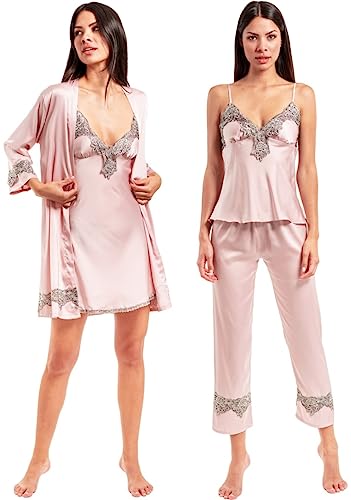 Laura in - Conjunto de Pijamas para Mujer de Seda satén con Encaje 5 Piezas Bata camisón Top Pantalones Largos y Cortos Suave fluida Elegante y sedosa-1102RosaS