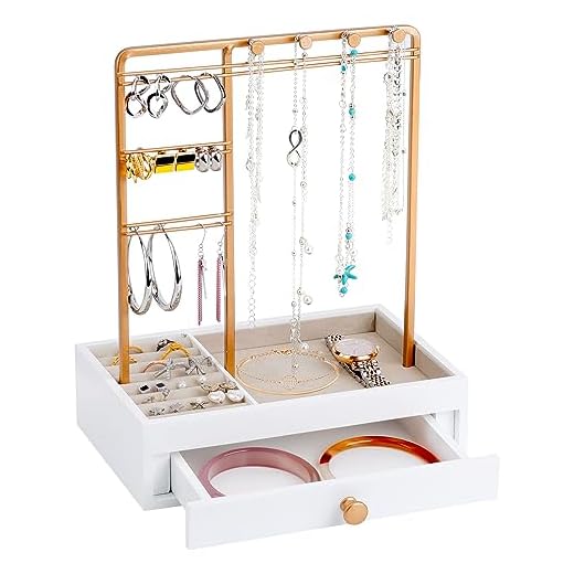 Expositor Pendientes 2 en 1 con Cajón, Soporte para Joyas de Combinación de Madera y Metal, Porta Collares Soporte de Exhibición de Joyería para Collares, Pendientes, Anillos, Relojes y Pulseras