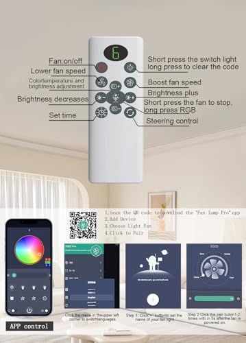 JSAITEE 52 inch Ceiling Fan with Light, 6 Speeds Reversible Low Profile Ceiling Fan with Light and Remote/APP Control, 3 Color Temp+Dimmable RGB, 8 Blades, Flush Mount Quiet Ceiling Fans, Black thumbnail 8