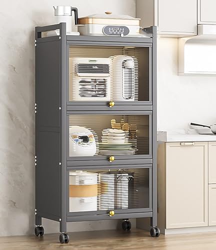5-Tier Rolling Kitchen Storage Rack with Lockable Wheels, Metal Microwave Stand & Cabinet with Visible Door, Perfect for Organizing Cookware, Utensils, and Bowls