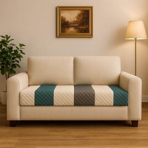 Image of Aqua Stripes Quilted Velvet Sofa Cover - 2-Seater - Cool Aqua Vibe - Anti-Slip Backing - Couch Cover - Seat-Only Protector - Easy Maintenance - Indian Size Fit - Soft Quilted Velvet