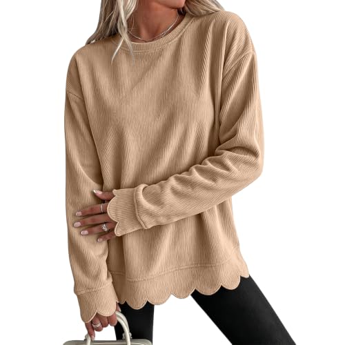 Crew Neck Sweatshirts Women Fall Corduroy Scalloped Bottom Sweatshirt - image 1