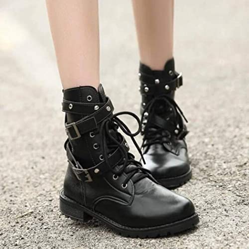 Women Motorcycle Boots Stylish Retro Combat Mid-calf Lace up Combat Boots with Studded Low Block Heels3