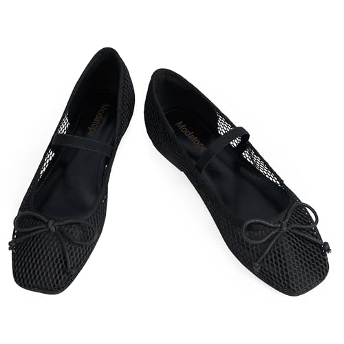 Image of Modatope Mesh Flats for Women Mary Jane Ballet Flats Women Bowknot Bow Closed Square Toe Ballerina Slip on Black Flat Maryjane Shoes Womens Size 8.5