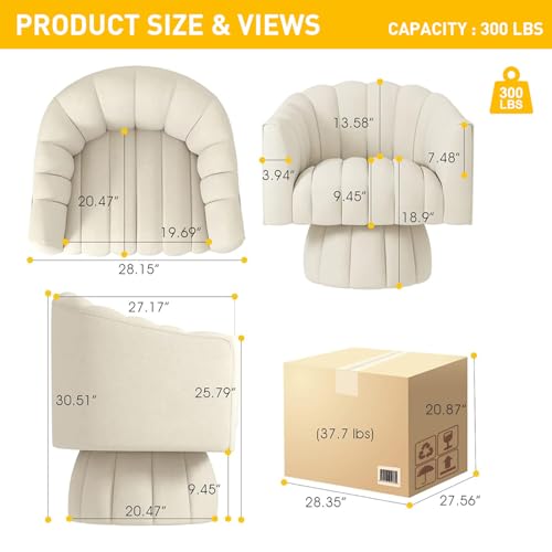 Accent Chair Mid Century 360 Degree Swivel Chair,Modern Lounge Sofa Round Barrel Chair with Wide Upholstered,Fluffy Velvet Fabric Chairs for Home Sofa Living Room/Bedroom/Waiting Room (Beige) - Image 4