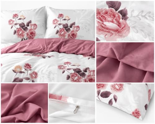 Image of Cotton Bedding Set King Size| 300 TC Double Bed Duvet Cover with Zipper (90x100 in), Double Bed Fitted Bedsheet (72x78+10 in Depth), 2 Pillow Covers (18x28 in) |Warm|DBC 056|White Pink Rose