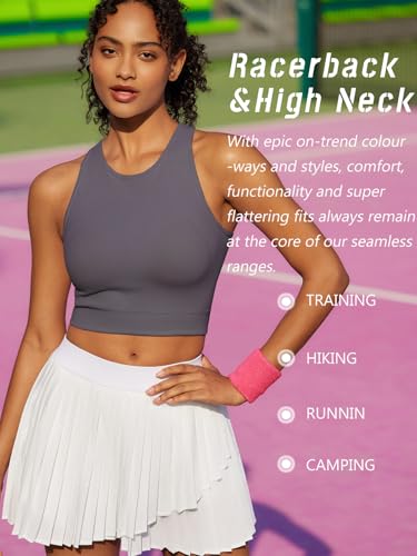 Image of RUNNING GIRL Sports Bras for Women High Impact Seamless Ribbed Longline High Neck Workout Crop Tank Tops(BX3067Dark Grey,L)