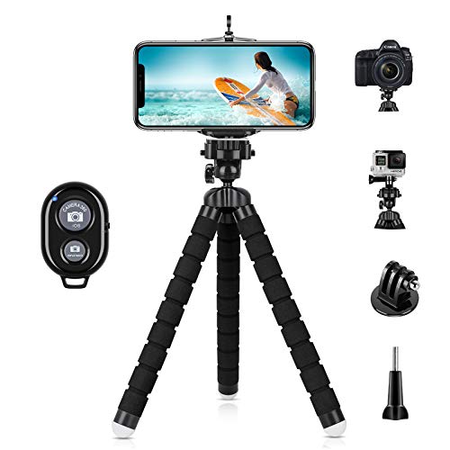 YeahWhee Phone Tripod, Flexible Cell Phone Selfie Stick Tripod Stand Camera Tripod Holder with Wireless Bluetooth Remote and Universal Clip for iPhone, Android Phone, Sports Camera GoPro