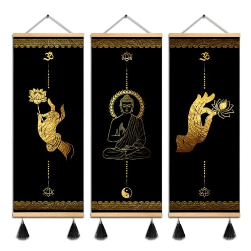 Mboufoey 3Pcs Buddhism Zen Art Buddha Hand Gestures Gold Black Canvas Wall Art Yoga Print Poster Wood Scroll Frame With Tassel Painting Home Decor Artwork Ready To Hang  cover
