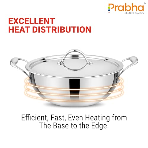 Image of Prabha Prima Deep Kadhai with Lid, Stainless Steel, Kitchen Kadhai, 26cm, 4.5L, Induction & Non Induction Base, 60 Months Warranty