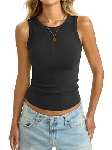 Image of EasyGala Womens Ribbed Seamless Tank Knit Crew Neck Shirt Summer Fitted Sleeveless Top Casual Basic High Neck Clothes