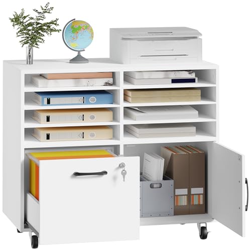 HOOBRO Rollcontainer mit abschließbarer Schublade und 8 Fächern, mobiler Aktenschrank, Schubladenschrank, Büroschrank, Bürocontainer, Schreibtisch Unterschrank, für Büro, Wohnzimmer, Weiß EWB55WJ01
