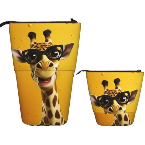 FZQVSLCM 伸縮式筆箱 メガネをかけたキリン スタンディングペンホルダー ポップアップペンシルポーチ かわいい スタンドアップコスメバッグ トラベルメイクバッグ ポータブルトイレタリーバッグ レディース メンズ オフィス用品