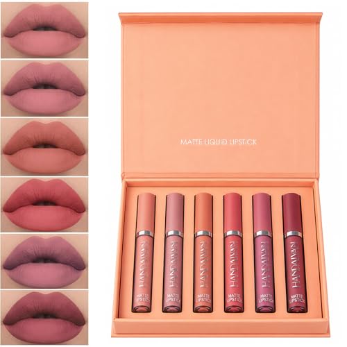 6 Couleurs Set Rouge à Lèvres Liquide Mat, mat rouge à lèvres nude ensemble velouté longue durée antiadhésif tasse, cadeau de rouge à lèvres (02)