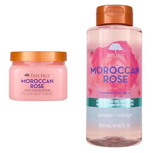 Bundle of Tree Hut Moroccan Rose Body Scrub, 18 Oz + Tree Hut Moroccan Rose Foaming Gel Wash, 18 Fl Oz.