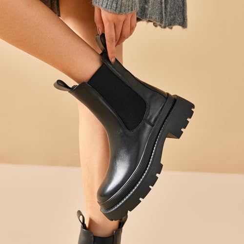 BEAU TODAY Chelsea Boots for Women, Chunky Platform Leather Chelsea Boots Womens Ankle Boots Round Toe Winter Dress Fashion Booties3