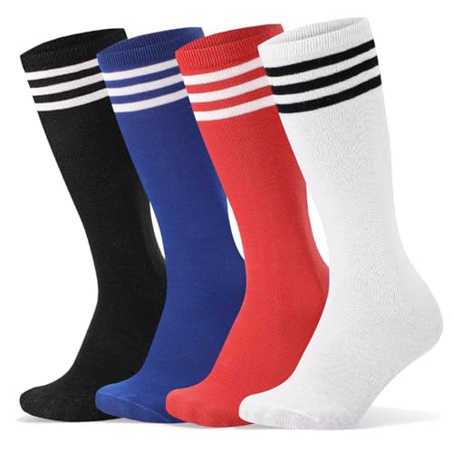 scenicamp 4 Pairs Kids Soccer Socks Striped Toddler Knee High Socks Youth Baseball Softball Athletic Socks Boys Girls, 5-9 Y, Black White Red Blue