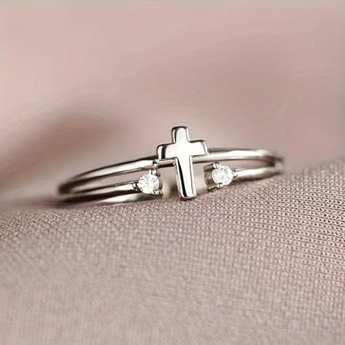 White Gold Plated Cubic Zirconia Elegant Minimalist Cross Design Statement Ring Personalized Accessory Ideal for Women's Daily Casual Wear Party Holiday Anniversary Love Jewelry Gift