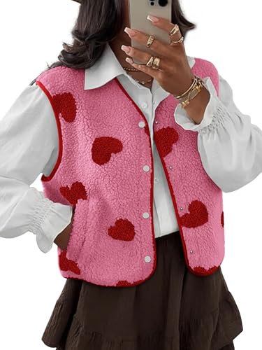 Womens Vests Outerwear Sherpa Fleece Jacket Fall Winter Heart Jacker Vest with Pocket S-2XL