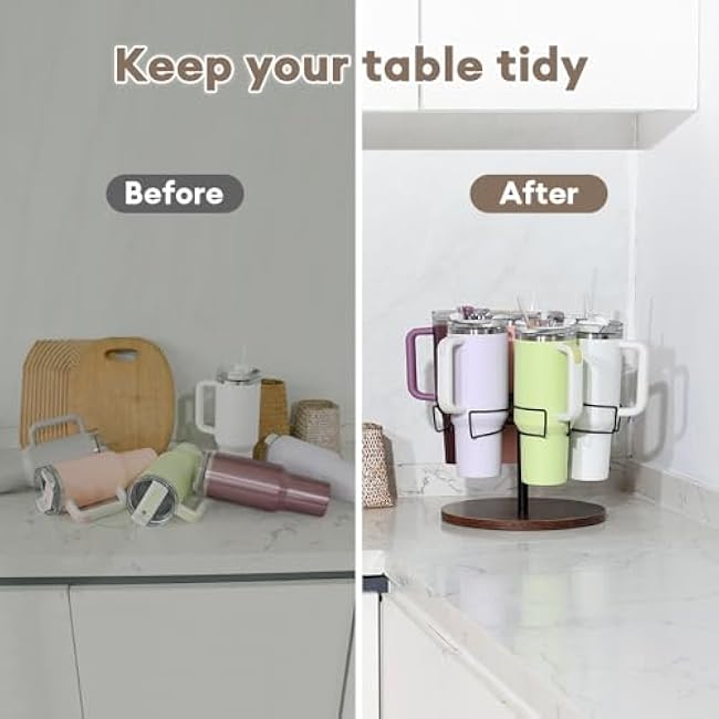 Nidouillet Water Bottle Organizer, Cup Stand for Stanley, Rotatable Cup Holder for Stanley 40oz Tumbler with Handle, Cup Storage Rack Stanley Cup Organizer for Kitchen, Sideboard and Corner, Brown