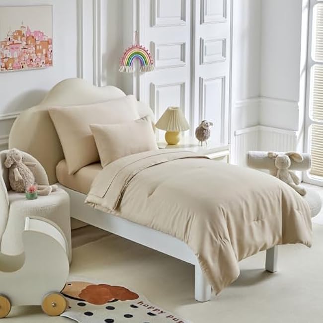 Toddler Bedding Set - 5 Piece Soft and Breathable Toddler Bed Set for Boys and Girls, Includes Quilted Comforter, Fitted Sheet, Flat Top Sheet, Standard Pillowcase and Toddler Pillowcase, Cream Beige