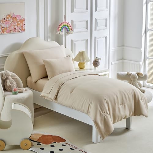 Image of Kids Comforter Sheet Set - Soft and Breathable Bed Set Includes Quilted Comforter, Fitted Sheet, Flat Top Sheet, Pillowcase and Toddler Pillowcase for Toddler - 5 Pieces Toddler Bedding Set Beige