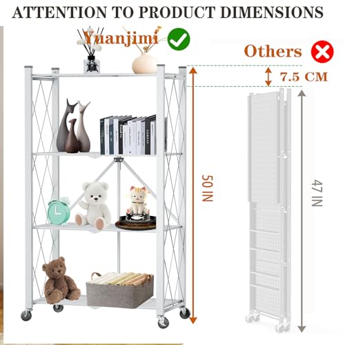 Image of 4-Tier Folding Shelf with Wheels No Assembly Portable Shelves | Folding Shelf Loads 600 LBS,Metal Steel Collapsible Shelves, Rolling Standing Utility Rack for Kitchen, Pantry, Office, White