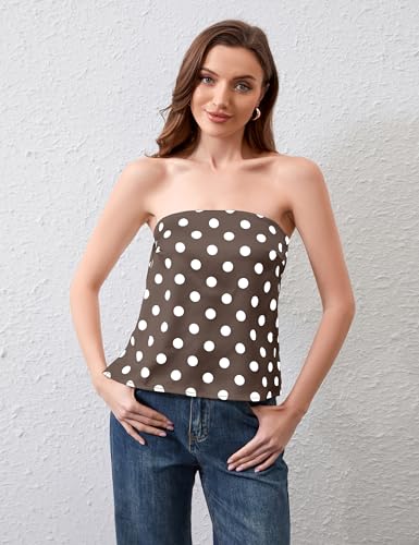 Womens Strapless Polka Dot Satin Tube Tops Cute Backless Going Out Bandeau Top Y2k Off Shoulder Shirts Silk Tank Tops4