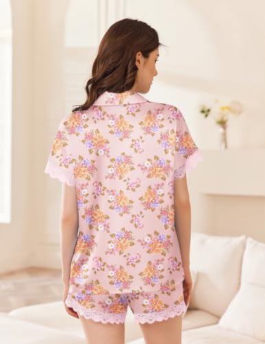Image of Ekouaer Womens Lace Satin Pajama Set Button Down Pj Shorts Set Bridesmaids Getting Ready Outfits Casual Sleepwear XS-XXL