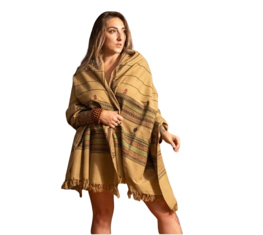 Women's Woven Shawl Wrap Scarf, Beige, Ethnic Style Pattern with Fringe Edges-image-20