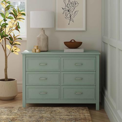 Image of Davinci Charlie 6-Drawer Baby Dresser, GREENGUARD Certified - Light Sage | Wooden Double Chest of Drawers for Kids - Boys /Girls - Multi-Purpose Storage White Dresser for Bedroom, Nursery, Living Room