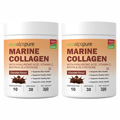 Alpspure Nutra Marine Collagen/Fish Collagen Powder (Pack of 2-300 G Each) with Hyaluronic acid, Vit C, Biotin & Glutathione | Supports Healthy Skin, Hair, Nails & Joints | Chocolate Flavour