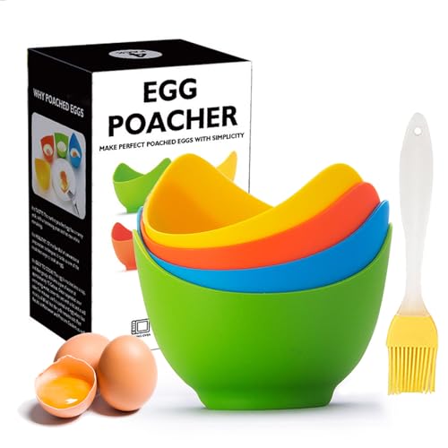 Egg Poacher - KRGMNHR Poached Egg Cooker with Ring Standers, Silicone Egg Poacher Cup for Microwave & Stovetop Egg Poaching, Oil Brush, BPA Free, 4 Pack
