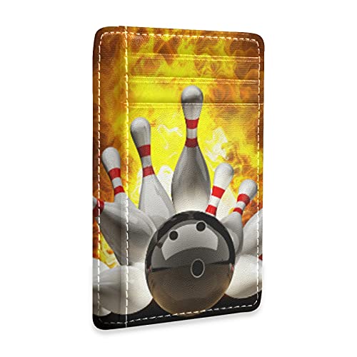 Abstract Bowling Ball Crashing into the Pins on fire Slim Minimalist Wallet, Front Pocket RFID Blocking Leather Credit Card Holder, Case Protector Covers for Men Women