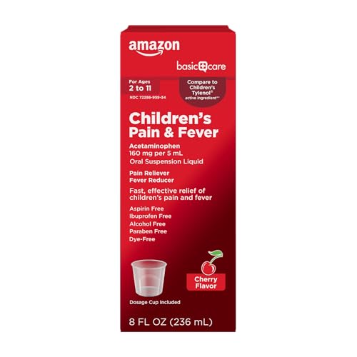 Image of Amazon Basic Care Children's Pain and Fever, Acetaminophen 160 mg per 5 mL Oral Suspension, Dye-Free Cherry Flavor, Fever Reducer and Pain Reliever for Headache, Sore Throat and Toothache, 8 fl oz
