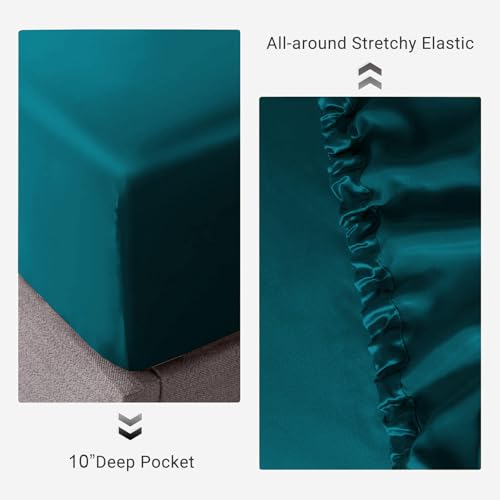 Image of Soft and Silk Satin Fitted Bedsheet for Single Size 36X75 +12 in - Elastic Fitted Sheet 400 TC Hotel Collection for Bedroom | Fitted Sheet with Pillow Cover Teal, Single Bed